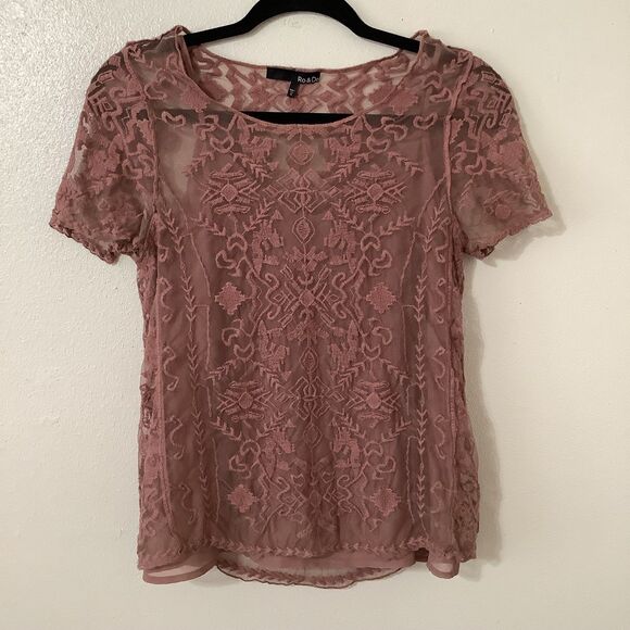 Ro & De Nordstrom Boho Hippie Pink Lace Mesh Embroidered Top Small - Picture 1 of 10